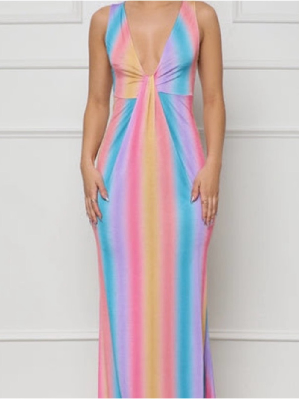 Plunge V-Neck Pastel Rainbow Maxi Dress